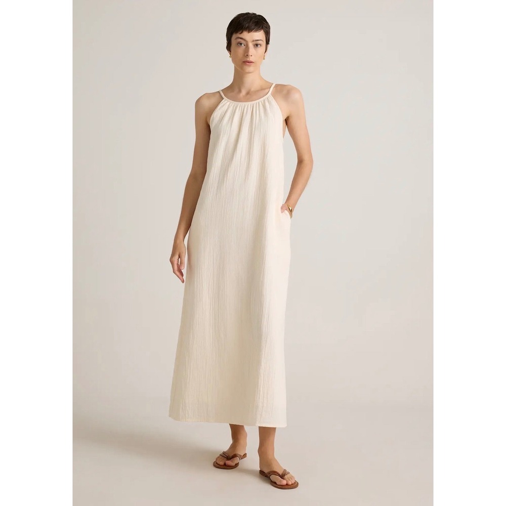 Quince Organic Cotton Gauze Sleeveless Maxi Dress Cream White Small